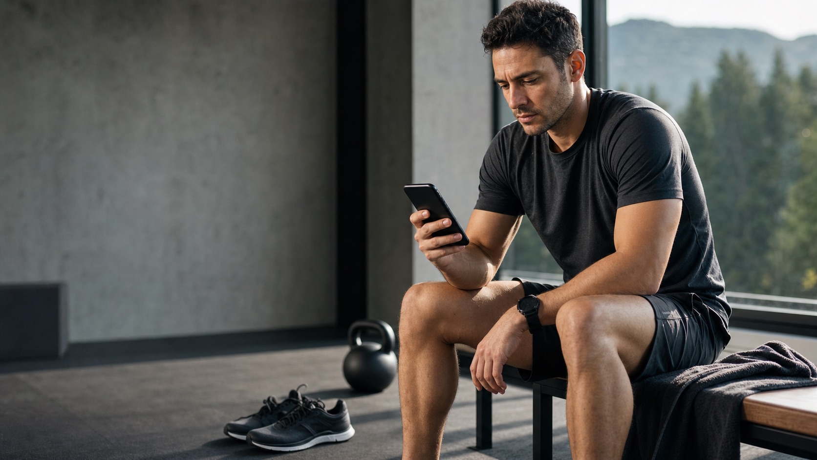 Athlete reviewing their next workout on a phone in a calm training studio.
