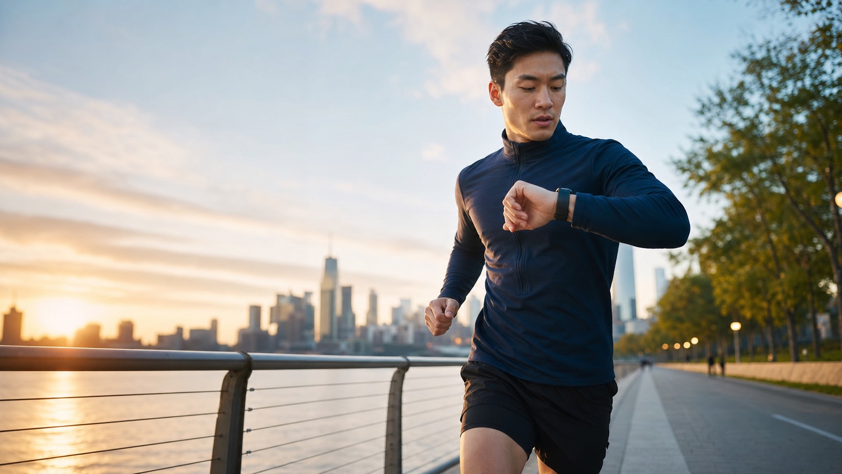 Runner checking workout guidance on a smartwatch along a city waterfront at dawn.