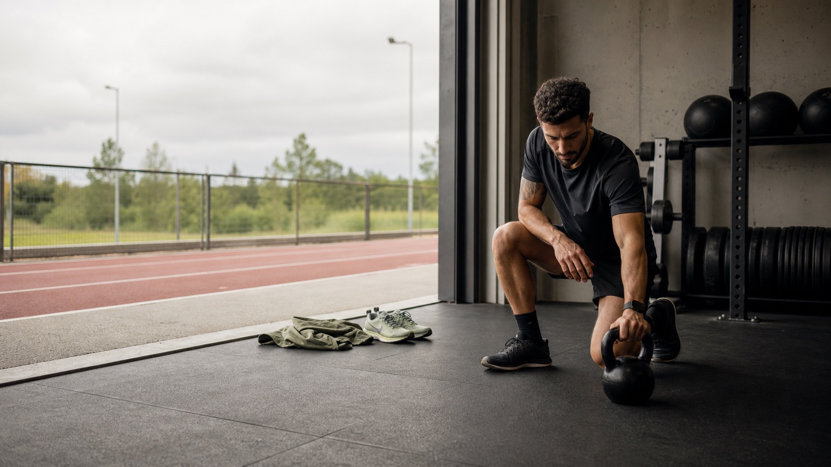 Athlete transitioning from functional strength work toward an outdoor running track.