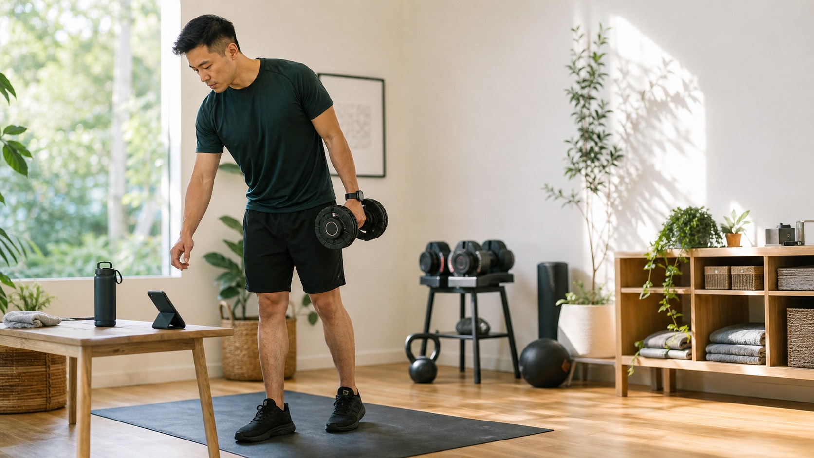 Athlete beginning a dumbbell workout in a bright home training space.