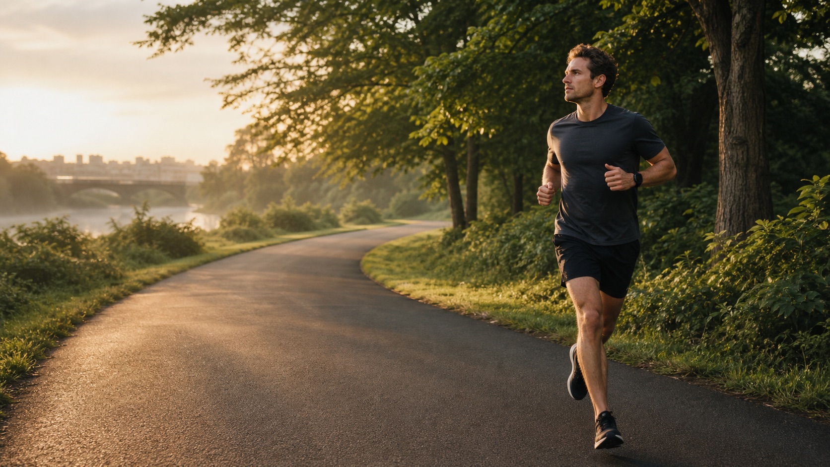 Runner following a winding park path in the first light of morning.