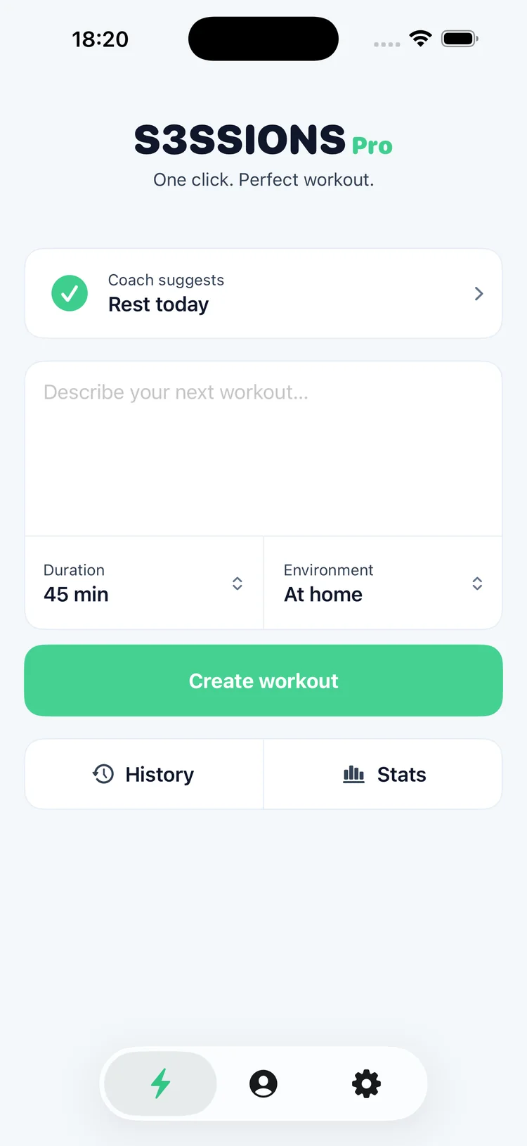 S3SSIONS dashboard: the coach suggests rest today, one tap creates a workout