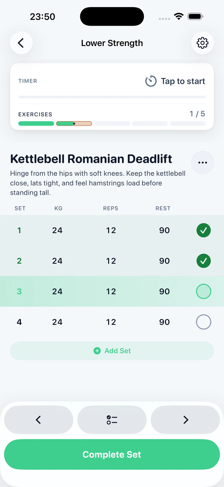 Live Lower Strength workout showing a rest timer, completed sets and the active kettlebell Romanian deadlift set