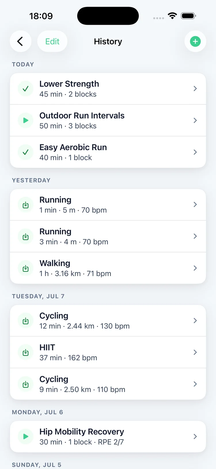Workout history mixing S3SSIONS sessions with runs, rides and HIIT imported from Apple Health