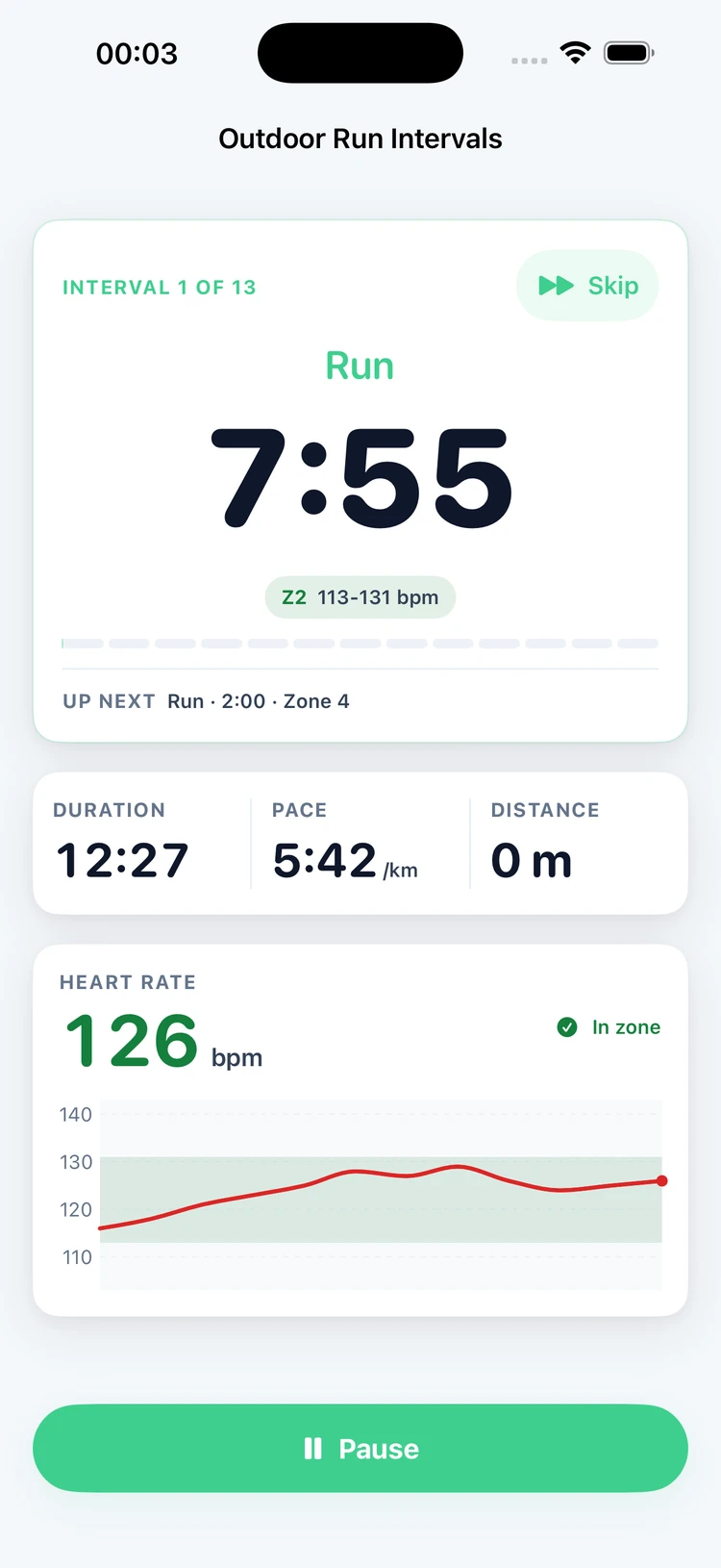 Live interval run showing a large countdown, pace, heart-rate zone target and live heart-rate chart
