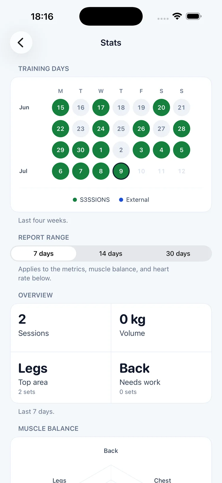 Training day calendar showing S3SSIONS and external workouts