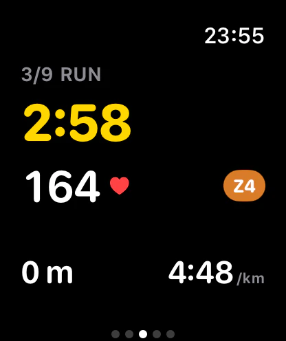 S3SSIONS on Apple Watch guiding interval 3 of 9 with a countdown, heart-rate target zone and live running metrics